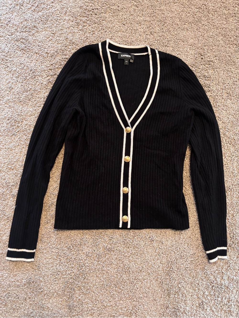 Express Black Ribbed V-Neck Cardigan with white Trim - L